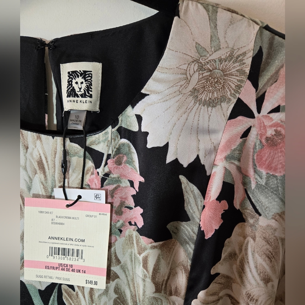 Anne Klein Floral On Black Midi Dress, 3/4 Sleeve, Lined, Size 10, NWT - Picture 3 of 7